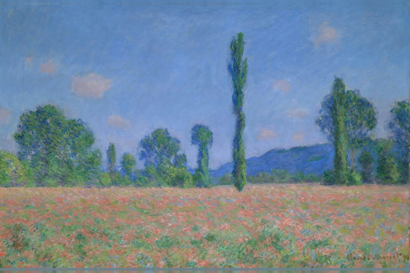 Claude Monet’s Poppy Field at Giverny, with red flowers, tall slender trees and a broad blue sky; complete artwork.