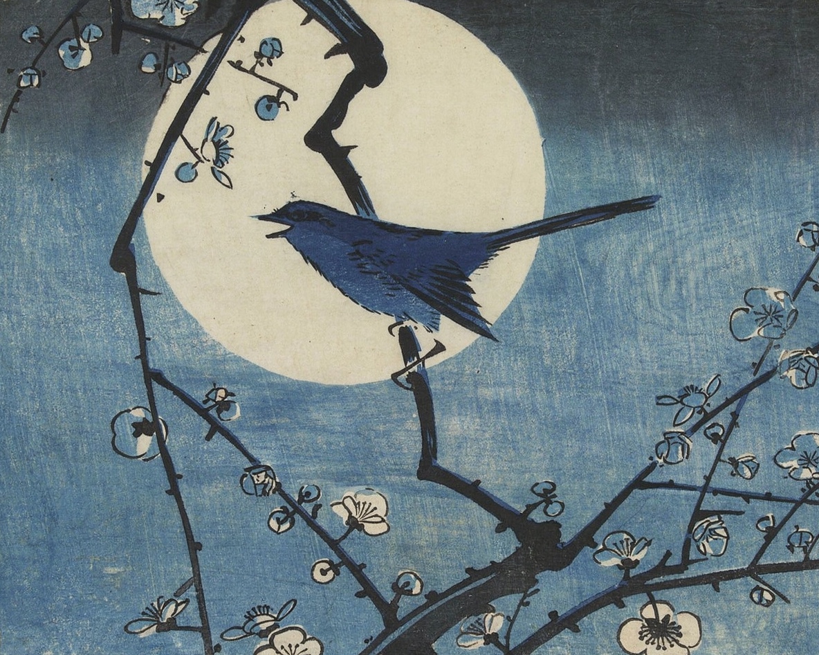 A small bush warbler rests on a blossoming plum branch under the moon.