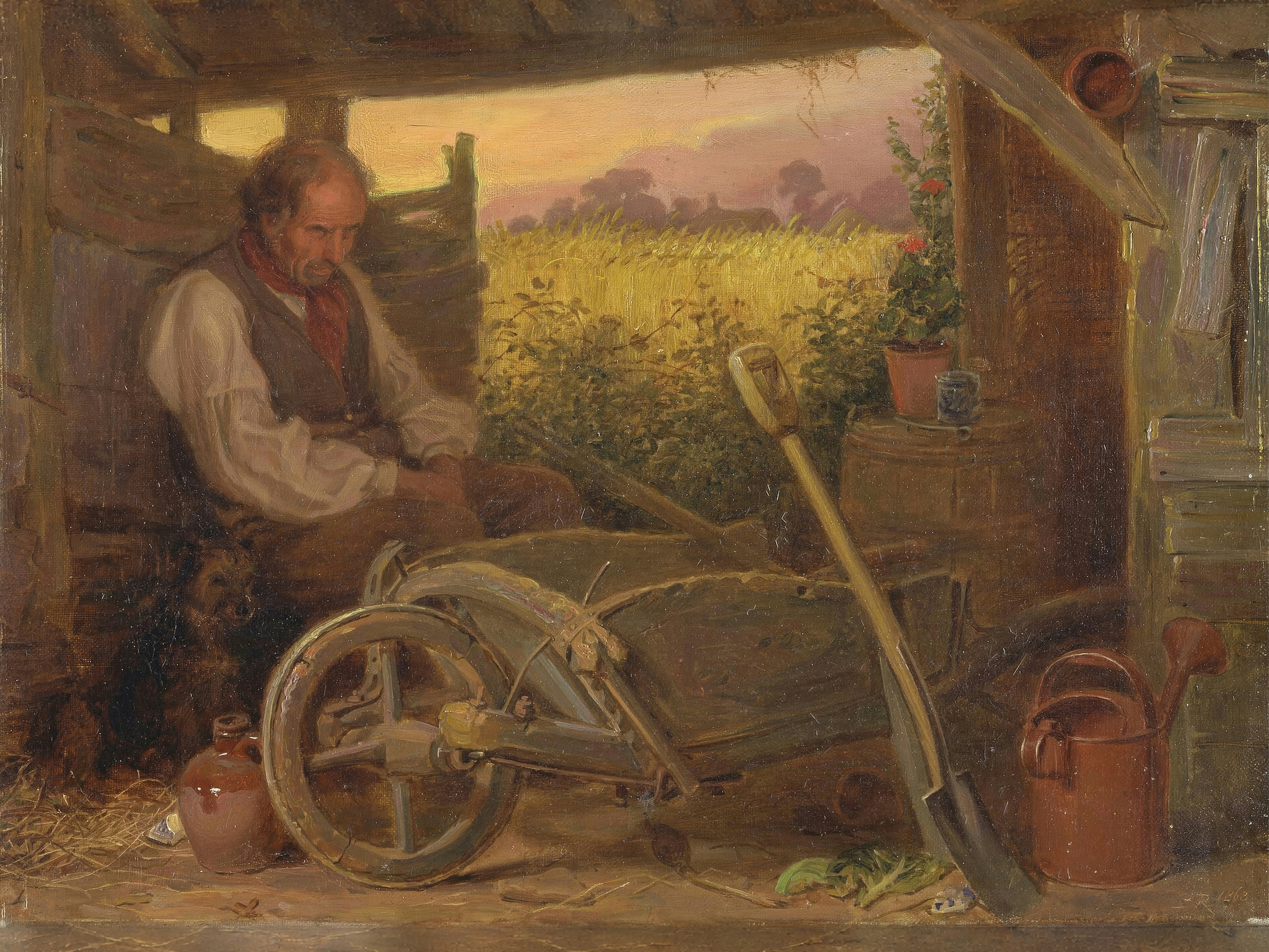An old gardener in a quiet garden, painted in warm ochre and brown.