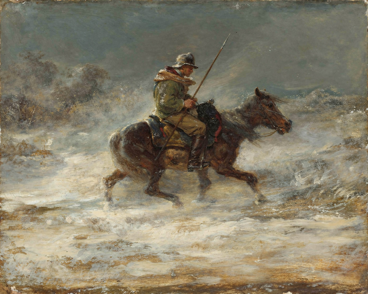 A horseman with a lance rides a brown horse through a swirling snowstorm.