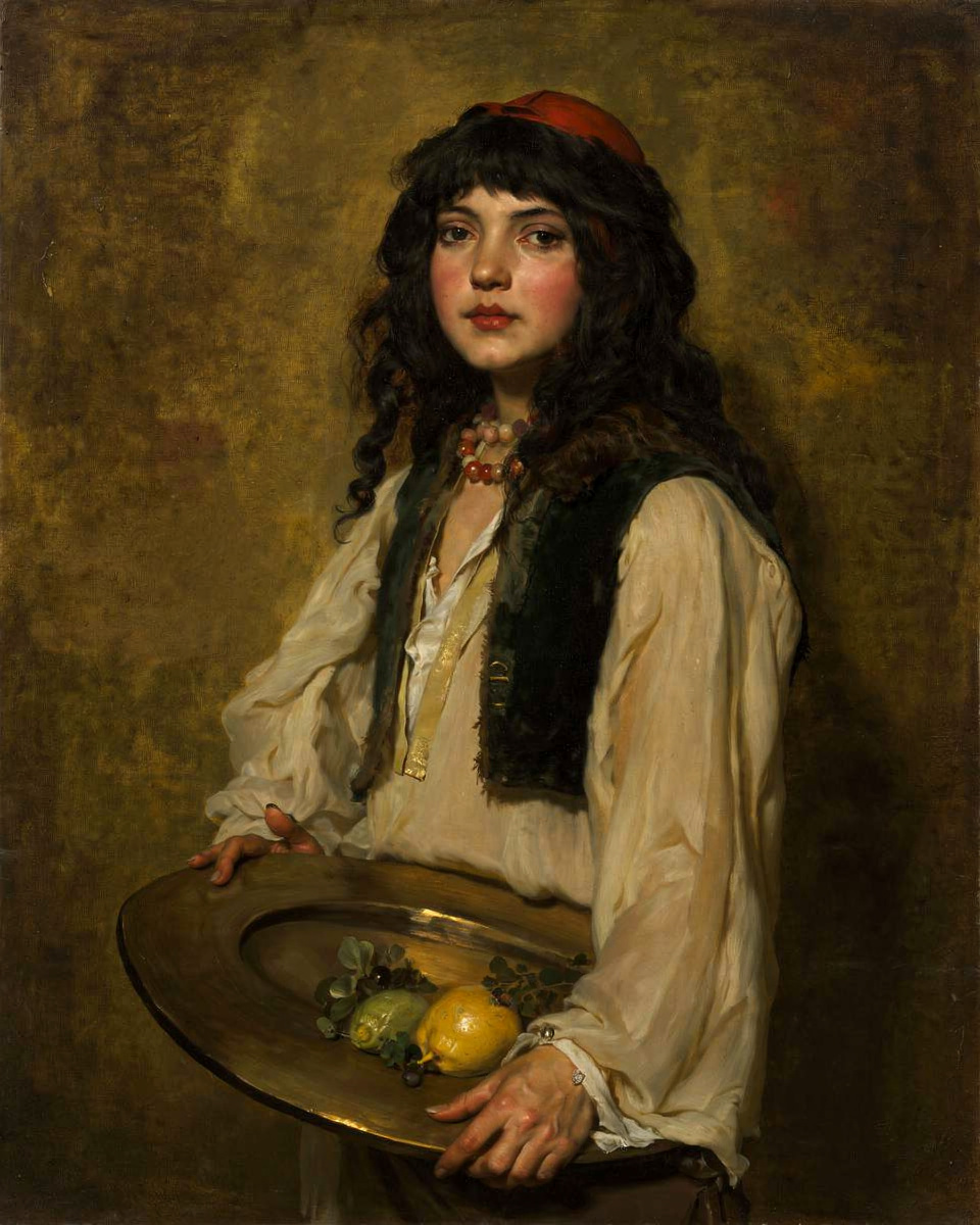 A young woman with long dark hair, a red cap and a white blouse holds a brass tray of fruit against a dark golden background.