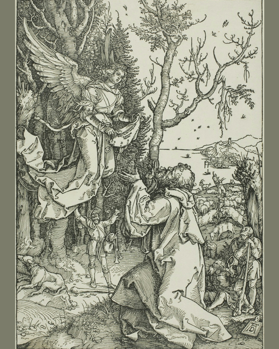An angel appears in the sky to Joachim, kneeling among his sheep in the wilderness.
