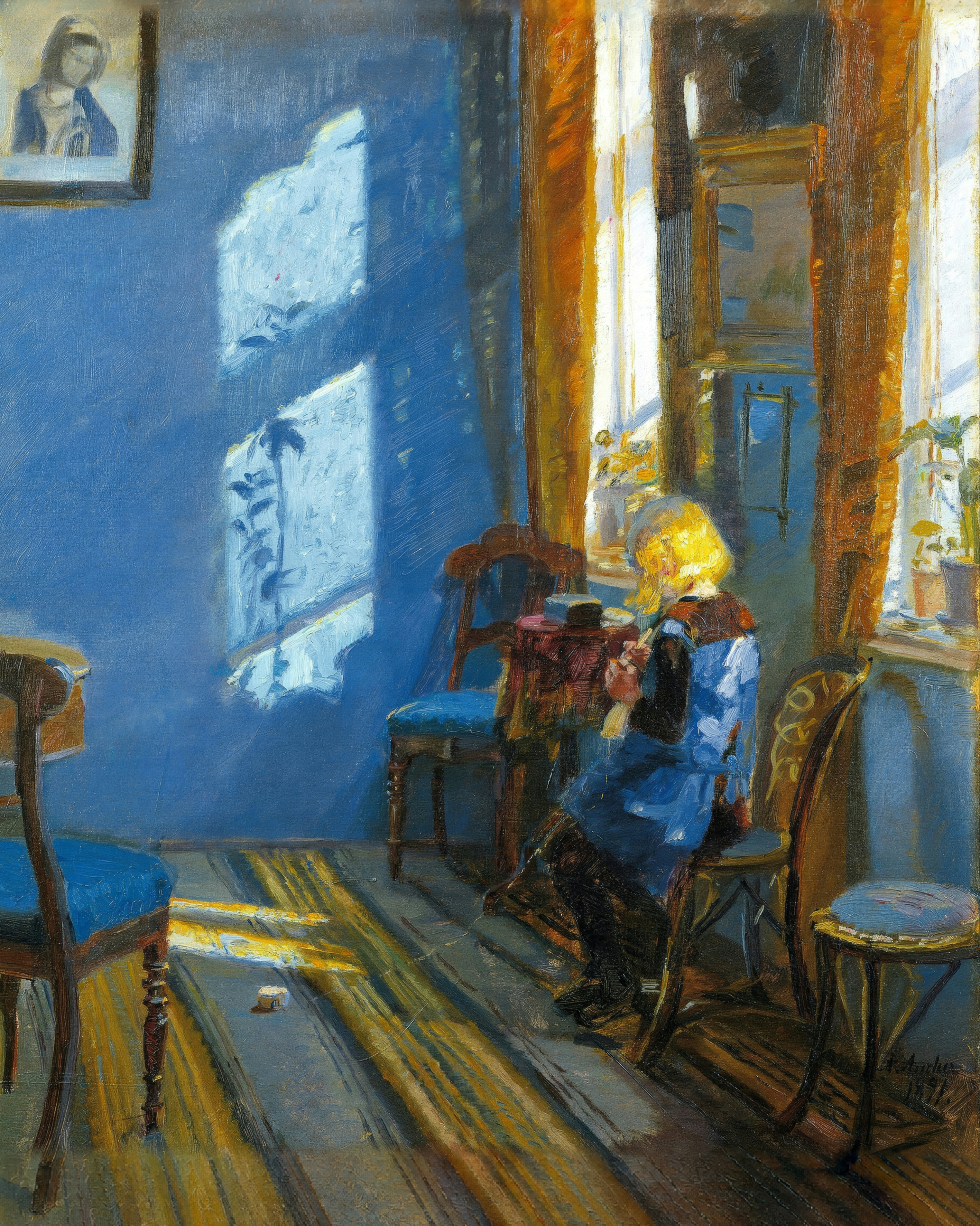 A blonde girl sits sewing by a window in a blue room, with bright rectangles of sunlight on the wall.