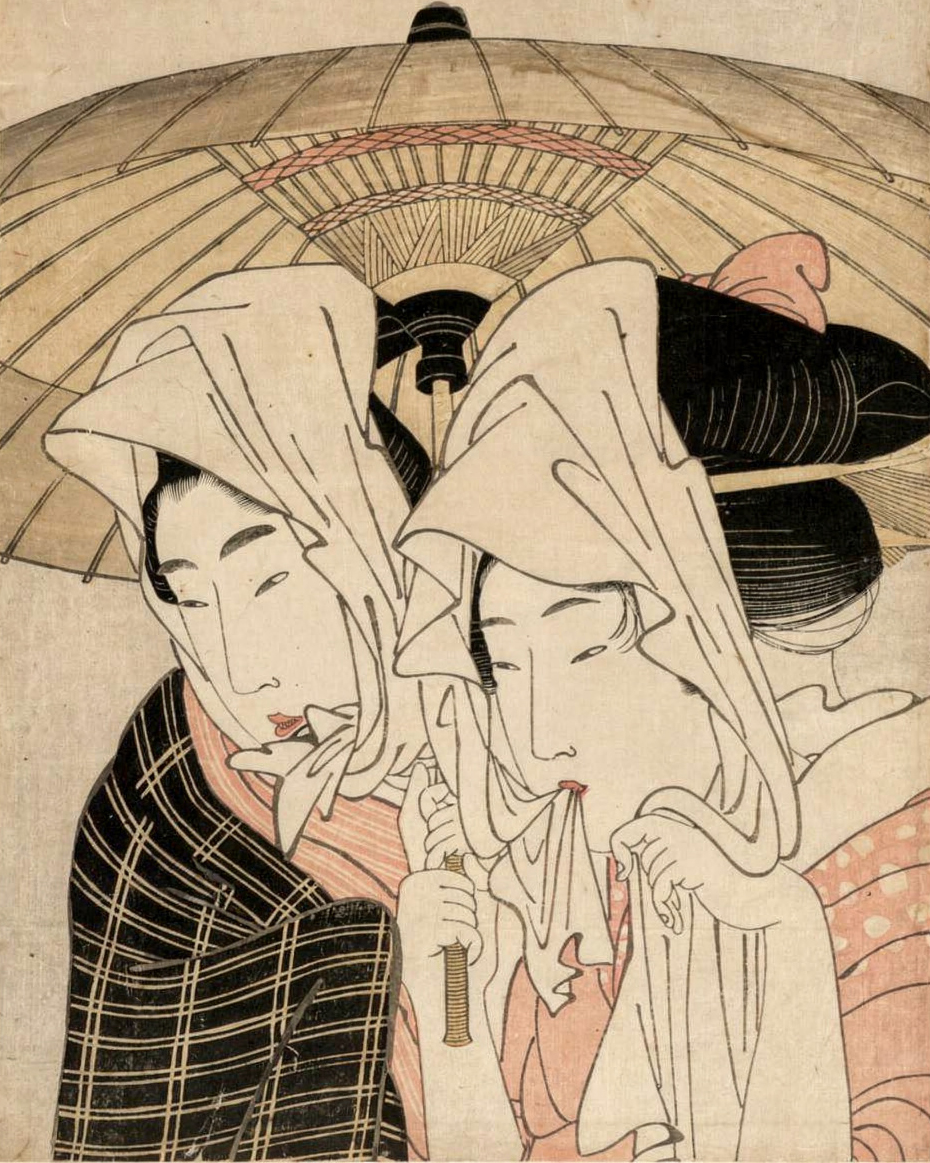 The lovers Umegawa and Chūbei, their heads close together, drawn in fine lines on a pale ground.