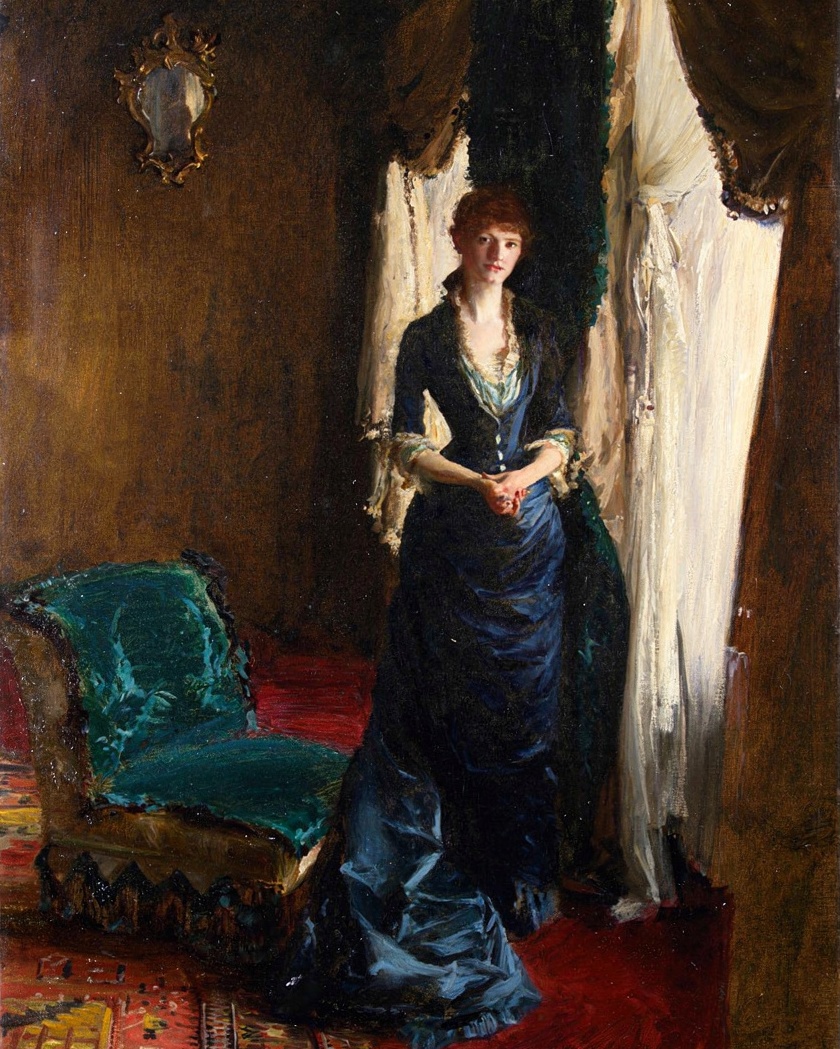 Madame Escudier in black satin and lace, emerging from shadow.