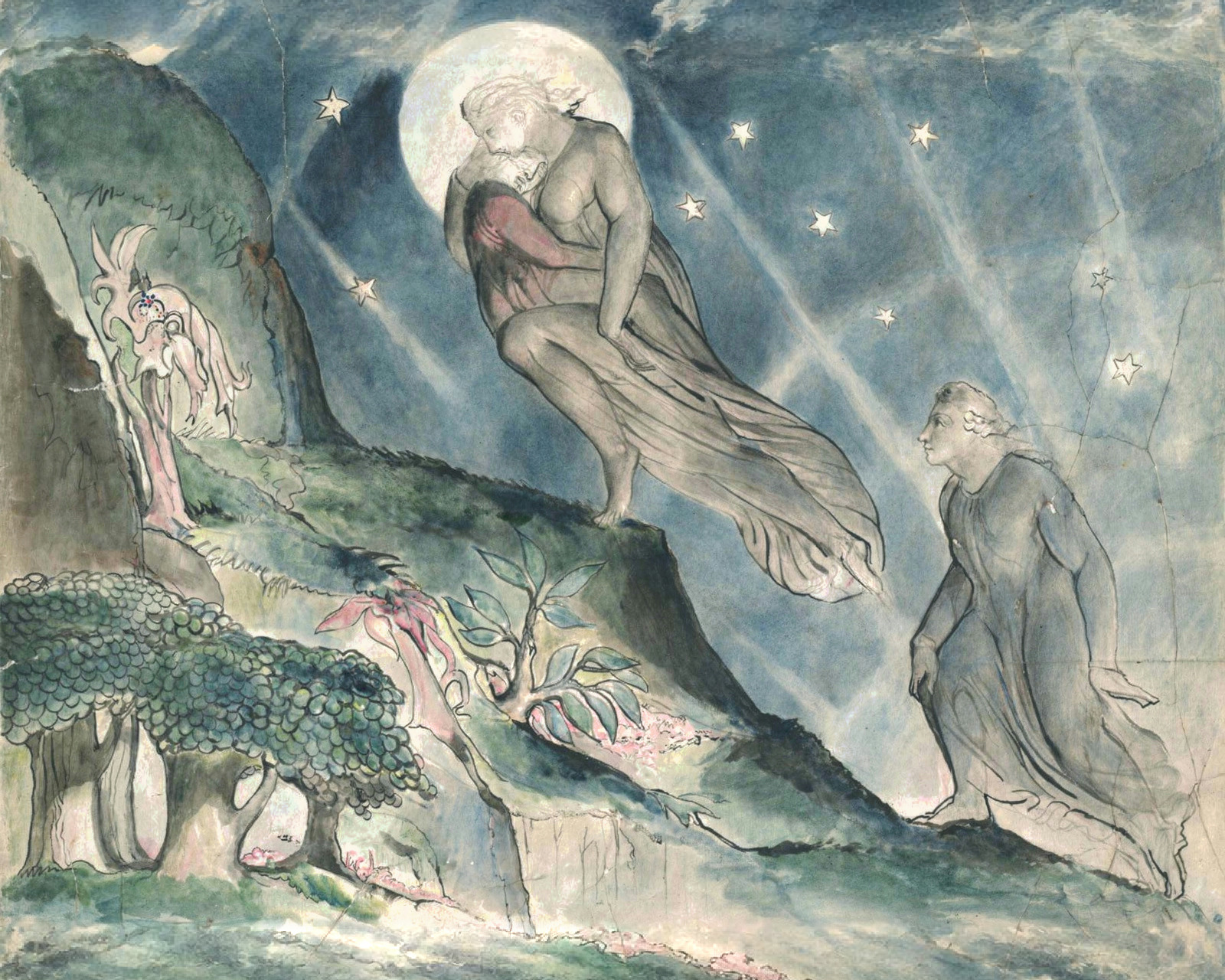 Saint Lucia lifts the sleeping Dante through a pale blue sky.