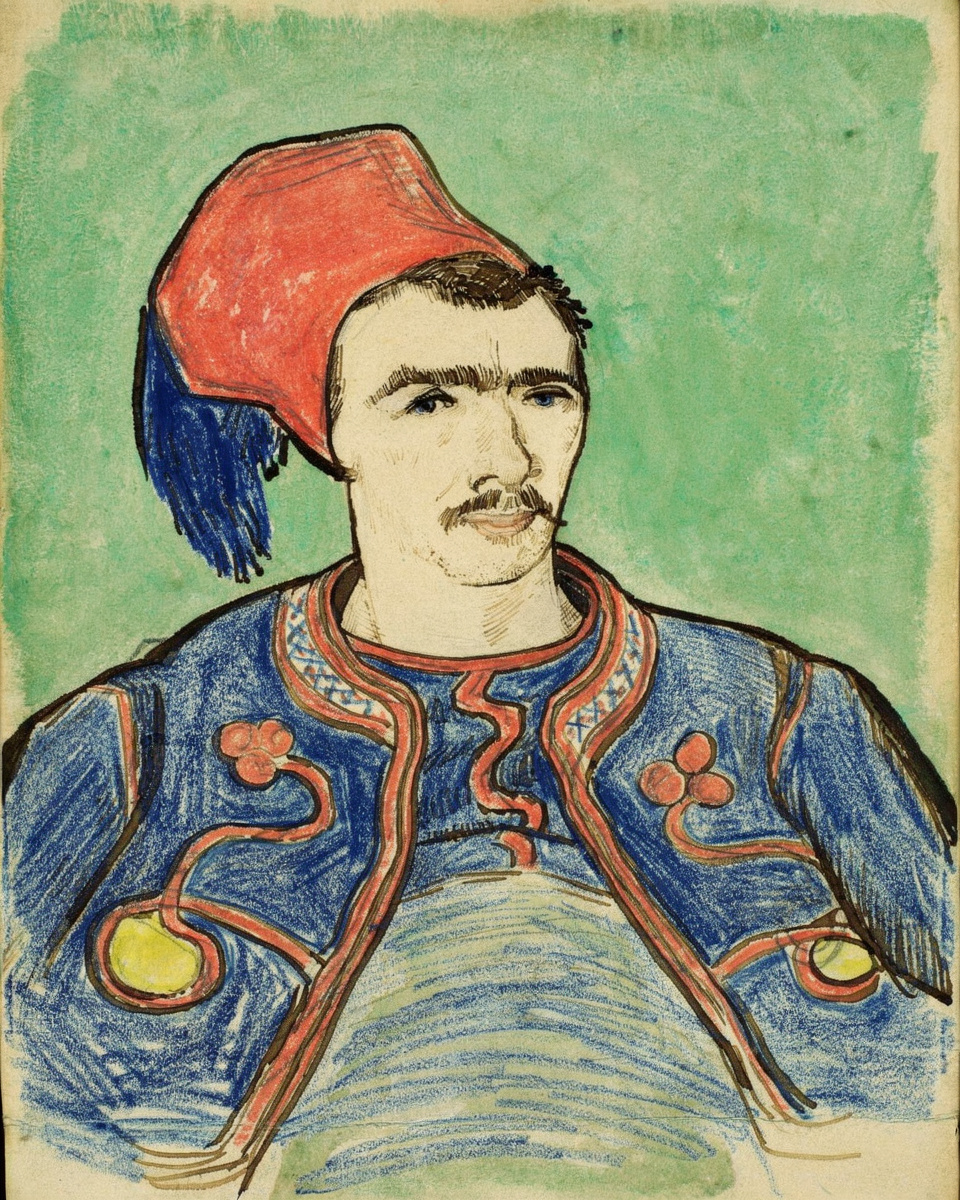 A young French soldier in a blue, red and gold uniform sits before a green door.