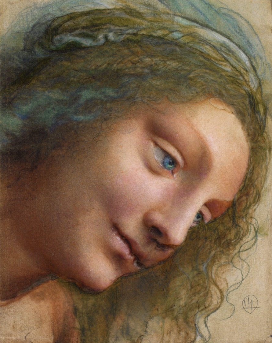 A study of the Virgin’s head turned and lowered, drawn in soft chalk.