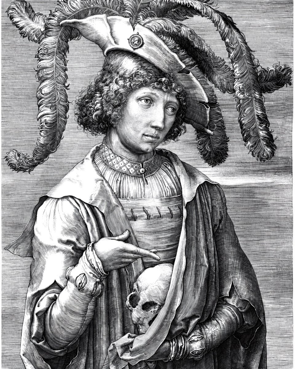 An engraving of a young man in a large hat pointing at a skull he holds.