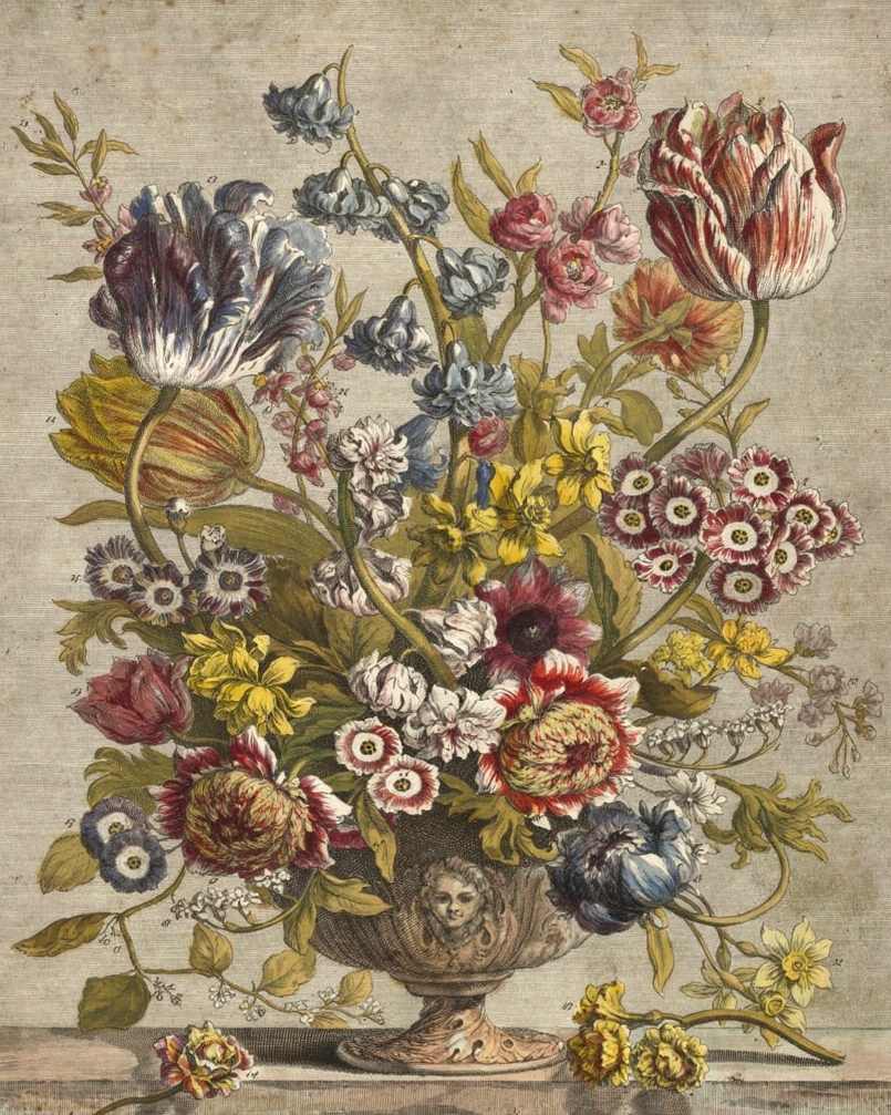 A tall urn overflowing with tulips, narcissi, anemones and other spring flowers, with tiny labels beside the blooms.