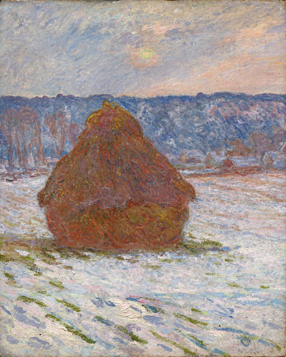 Monet’s Stack of Wheat, Snow Effect, Overcast Day: a warm wheat stack above lilac-blue shadows on snow, complete artwork.