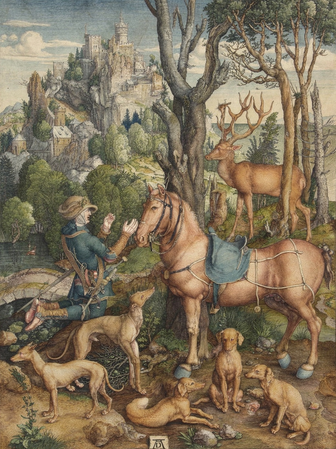 A kneeling knight sees a crucifix between the antlers of a stag in a dense landscape with his horse and hounds.