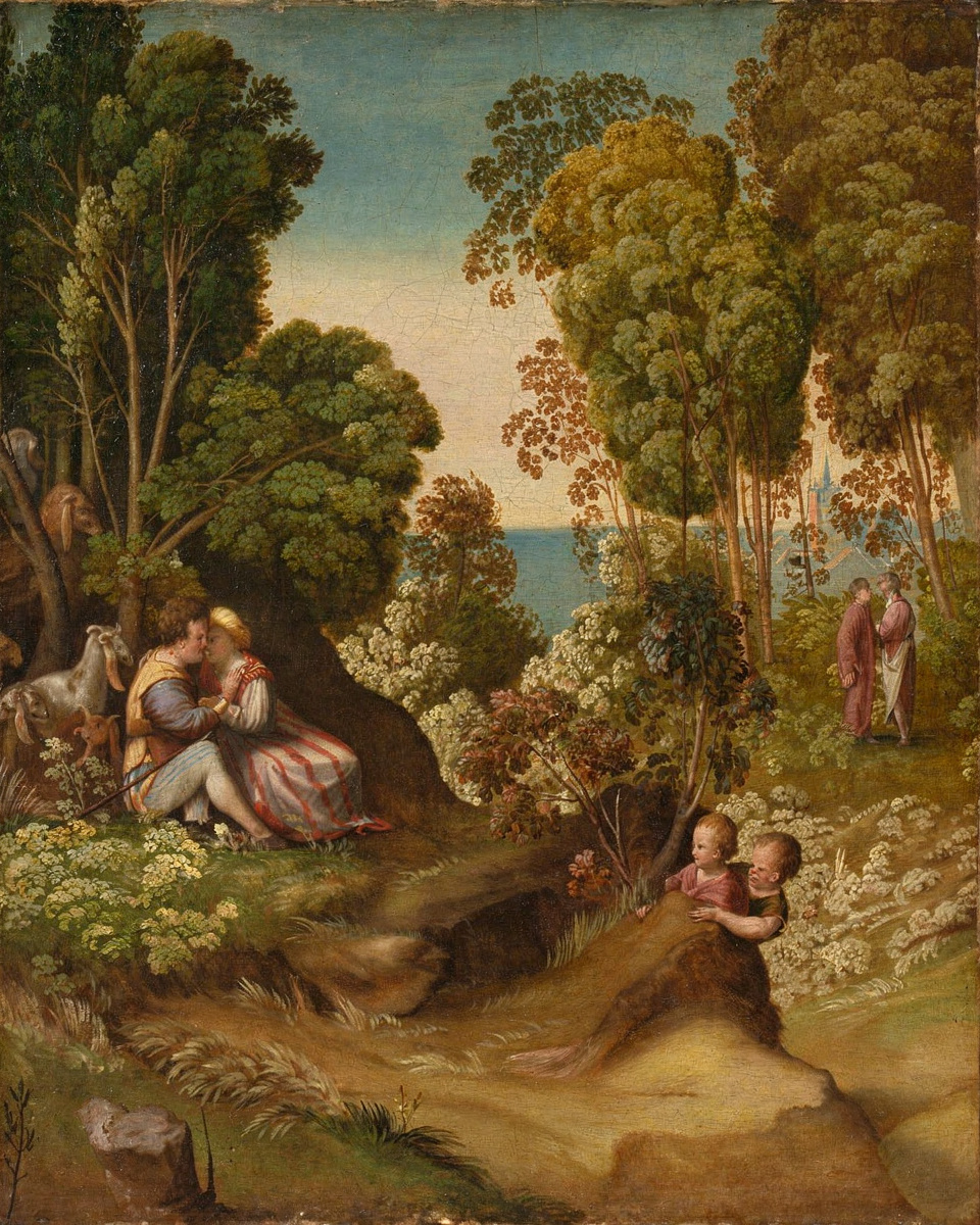In a green pastoral landscape, young lovers sit by a stream while other figures represent later ages of life.