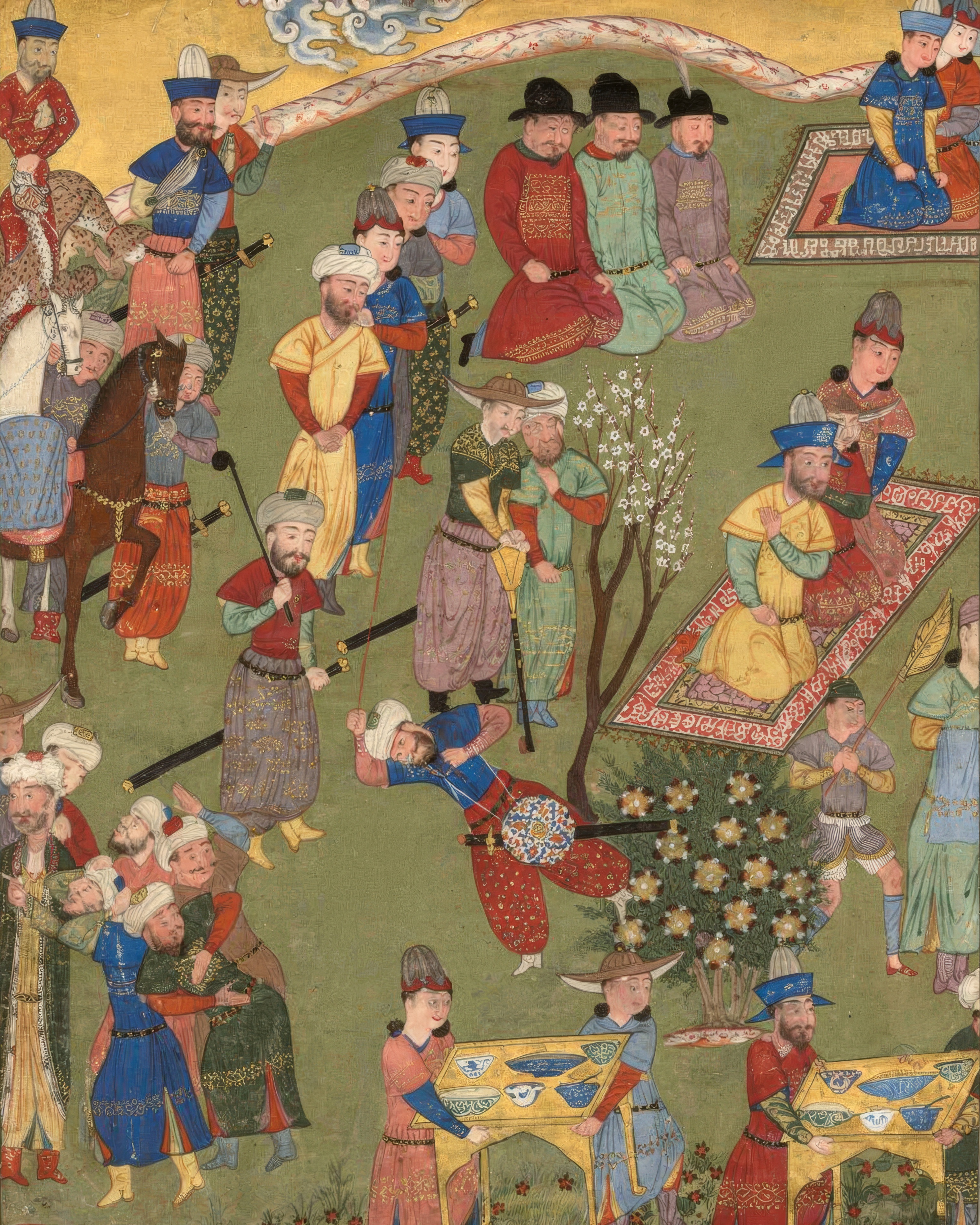 A Persian manuscript painting of a royal reception in a garden of flowering trees, with courtiers, musicians and a golden sky.