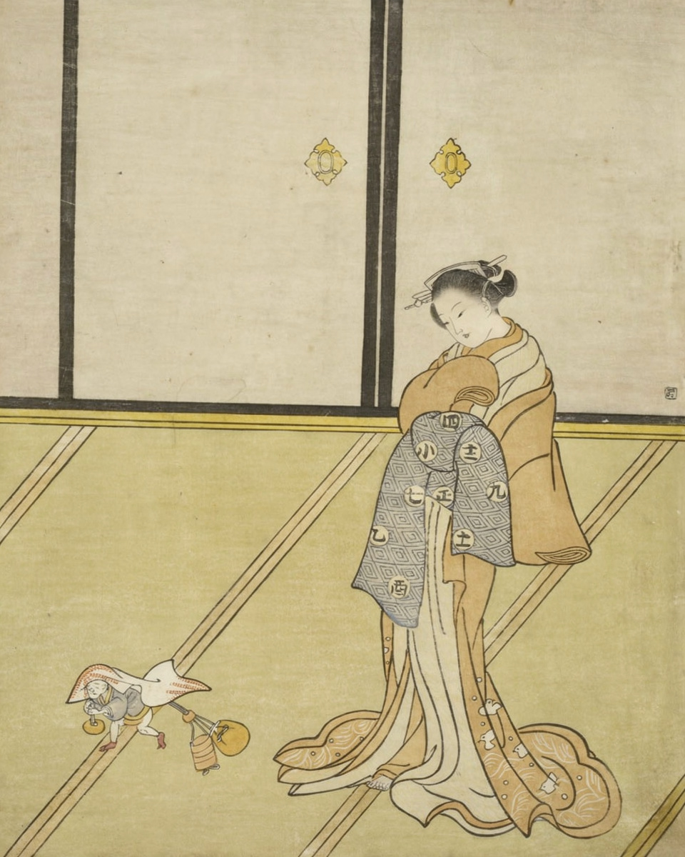 A courtesan stands beside Shōki, the demon queller, in soft sage and cream.