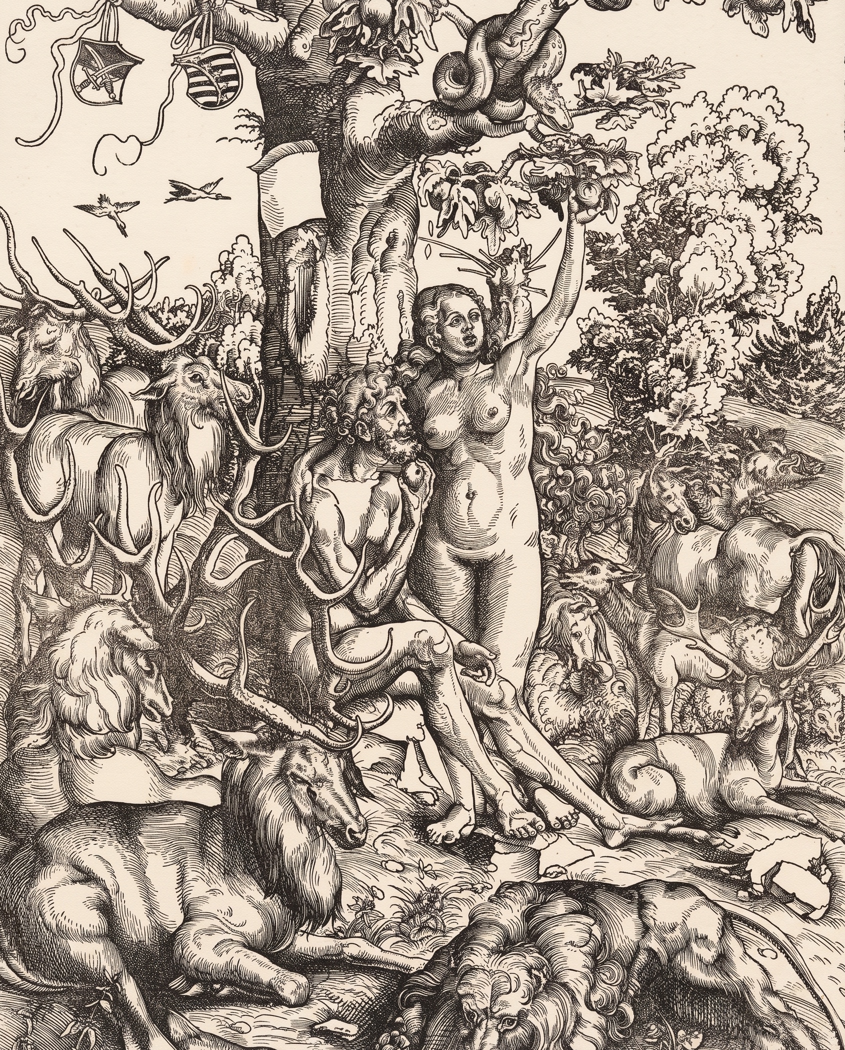 Adam and Eve stand beneath the tree of knowledge with animals around them, in a woodcut with deep shadows.