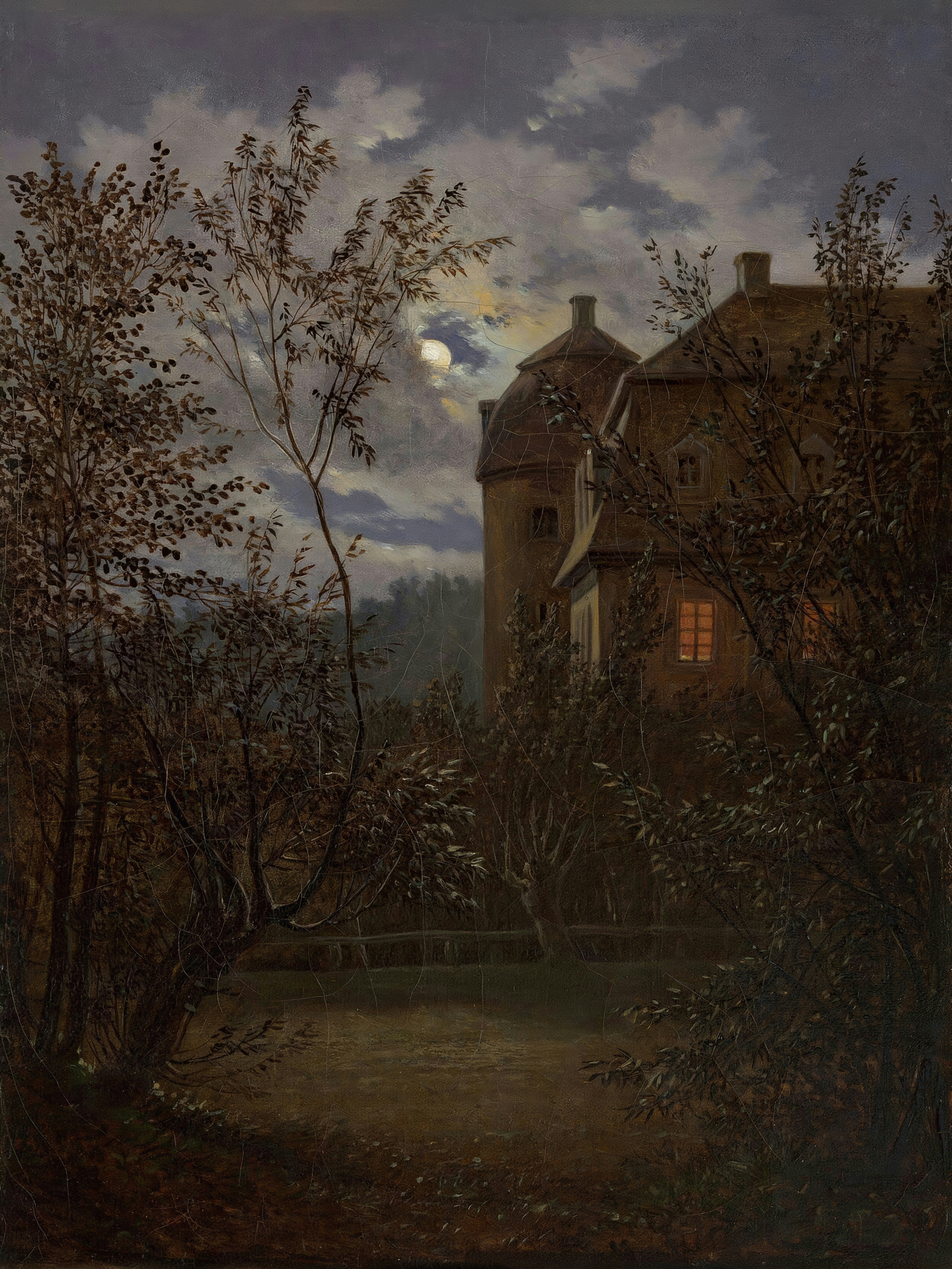 A dark estate half hidden by twisted trees under a bright full moon and heavy clouds.