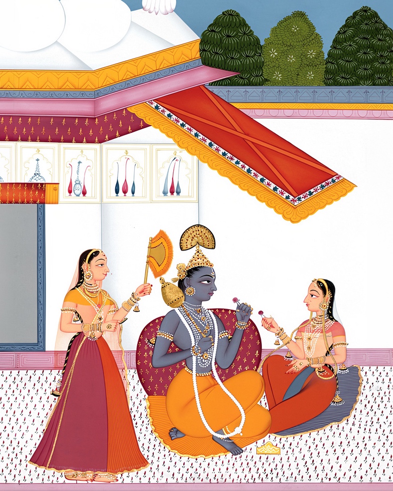 Krishna stands beneath an ornate gilded canopy with attendants on either side.