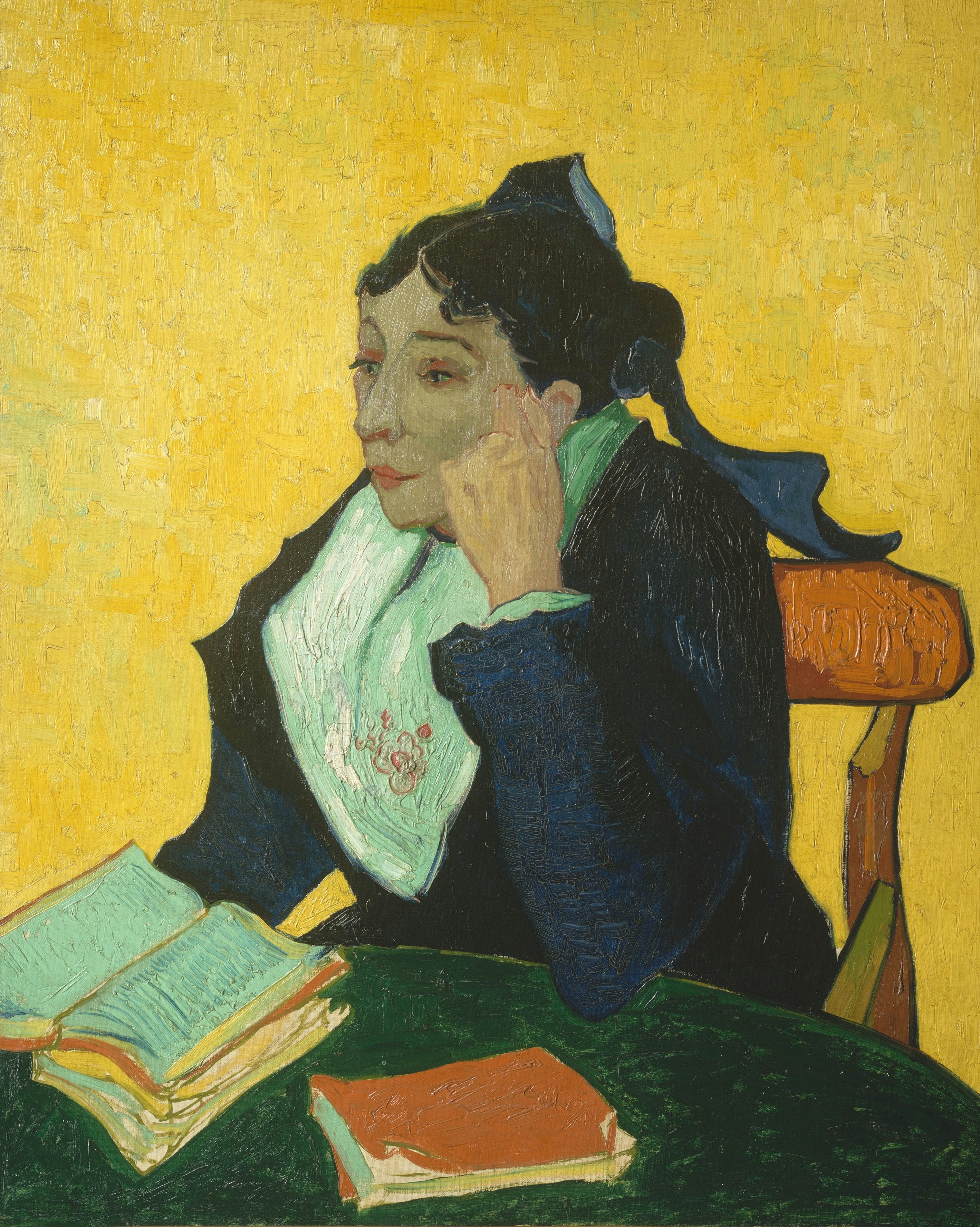 Madame Ginoux sits at a table with her elbow resting by books, against a bright yellow background.