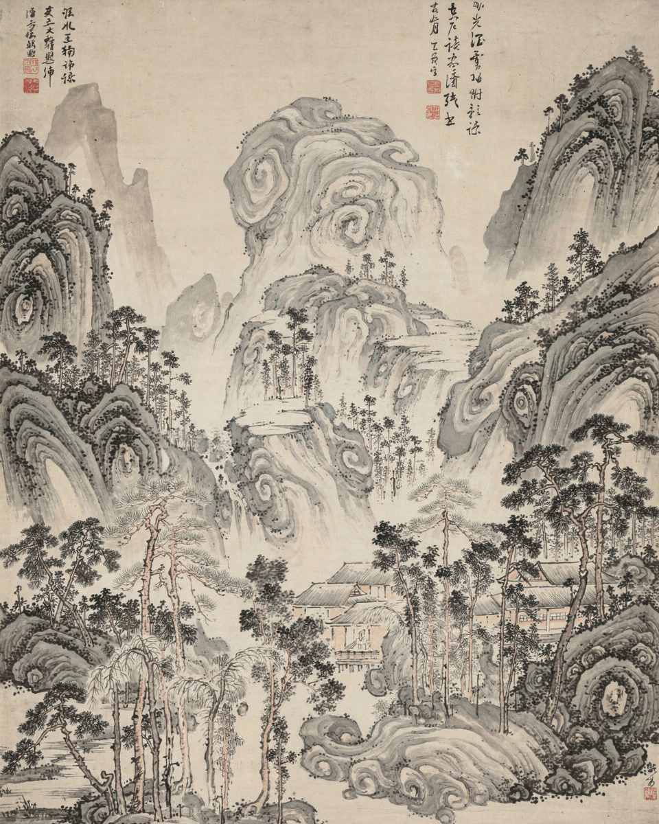 Soft grey mountains rise from mist above a still lake, with one small boat on the water.
