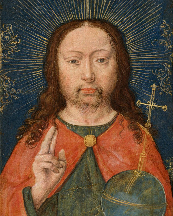 The face of Christ, framed by auburn hair, against a dark ground.