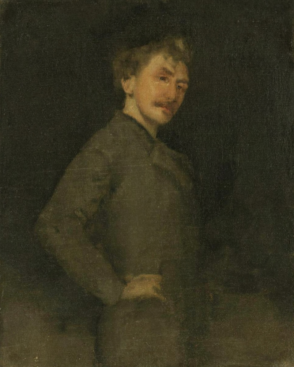 James McNeill Whistler emerges from darkness, light catching his face, white collar and monocle.