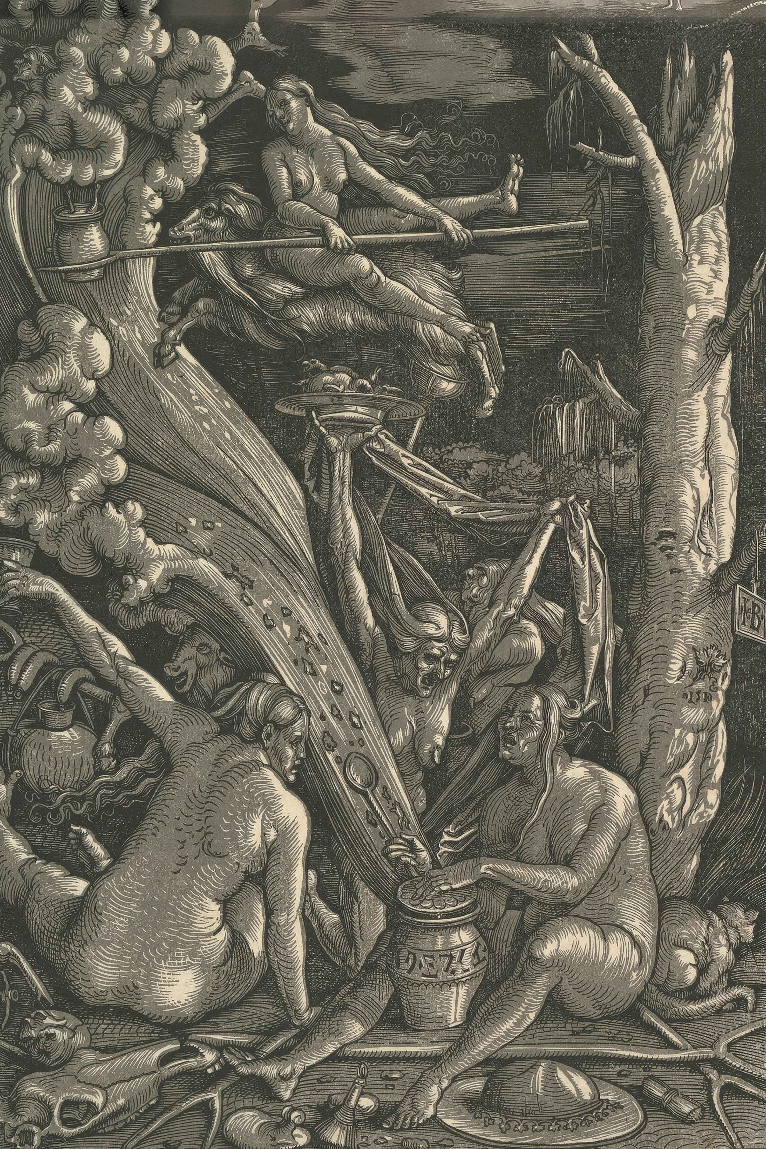 Naked witches gather around a steaming pot in a dark wood, one riding a goat through the sky.