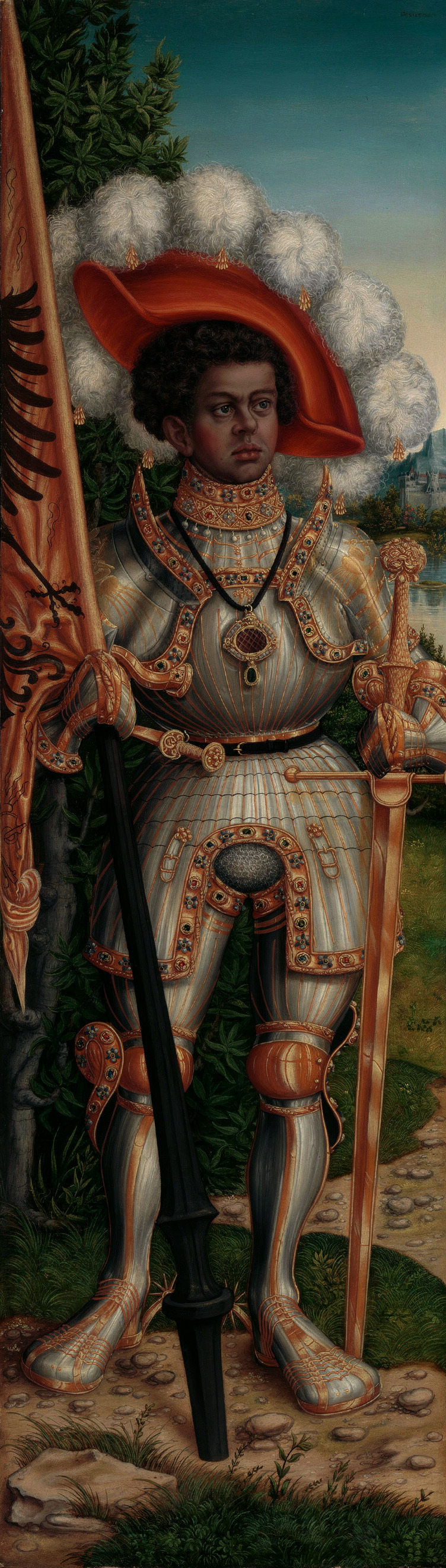 Saint Maurice in polished armour and a feathered hat, against a dark ground.