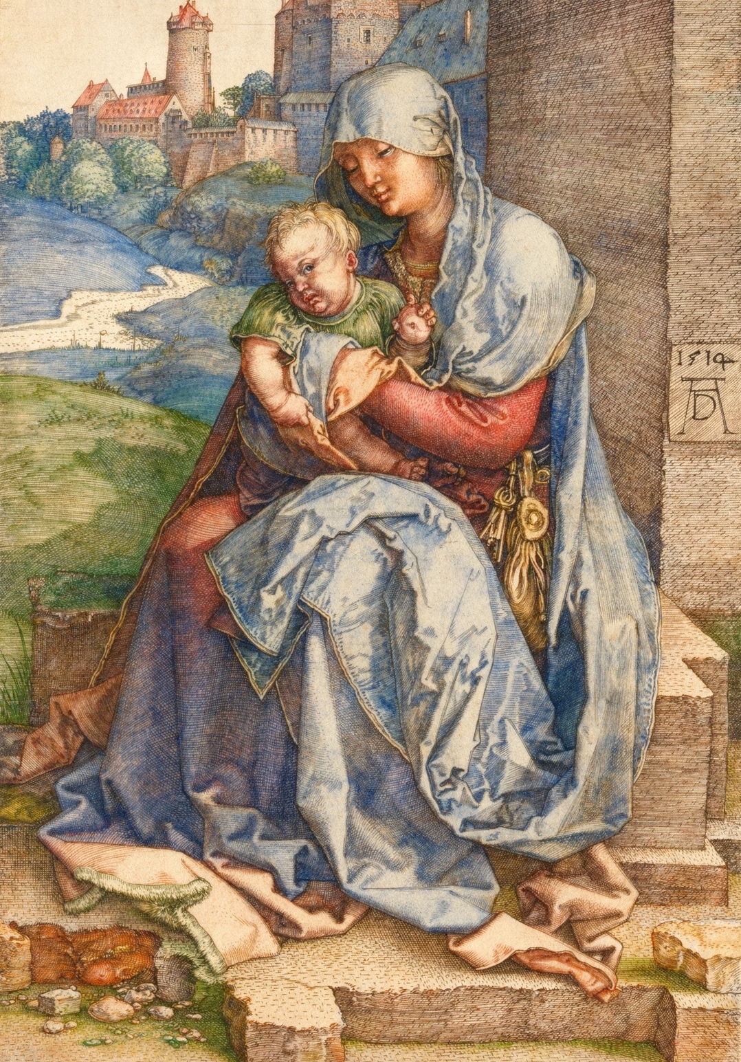 The Virgin sits by a wall with the Christ Child on her lap, a town in the distance.