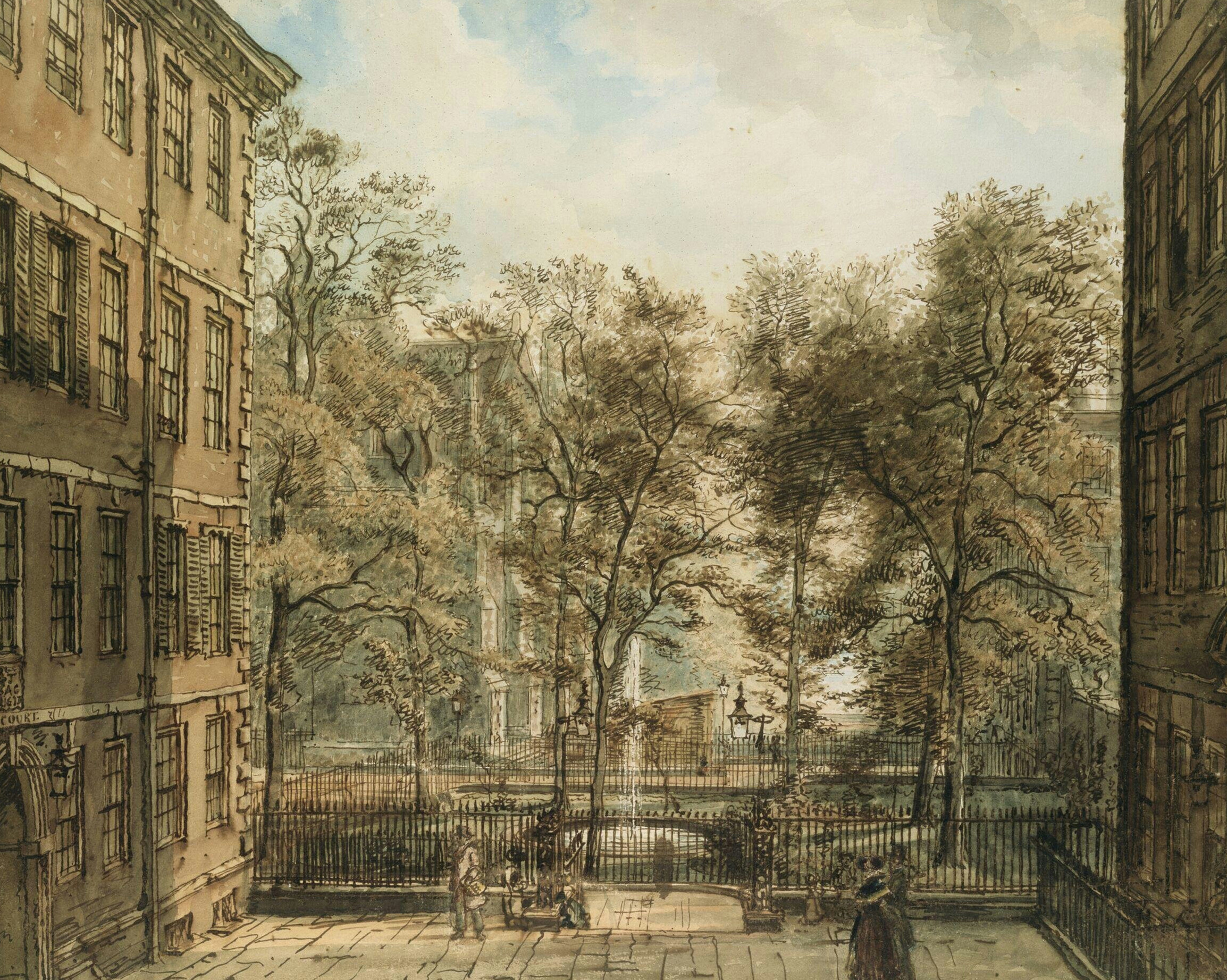 A quiet London courtyard seen through a shaded stone archway, with sunlit buildings and a few figures.