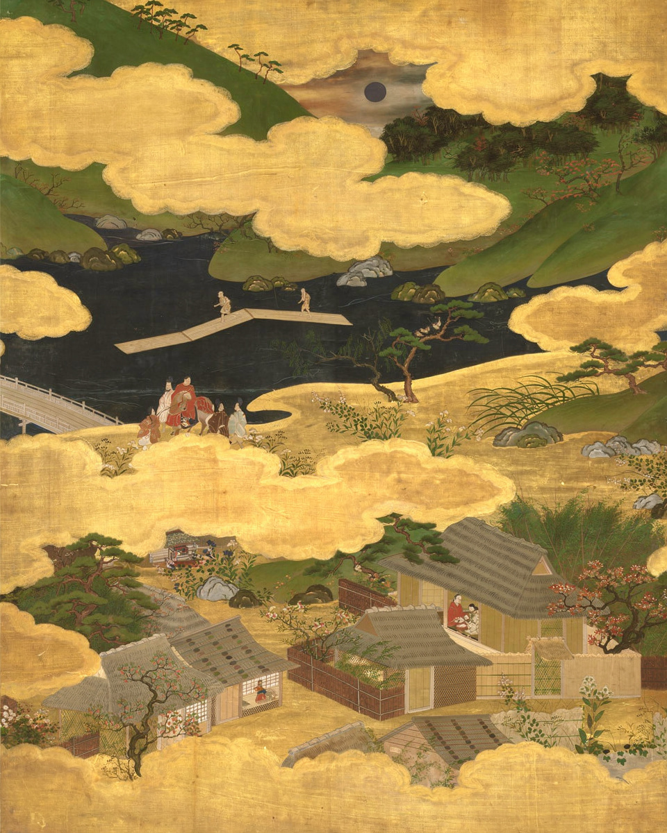 A courtly procession winds through a landscape between bands of golden cloud.