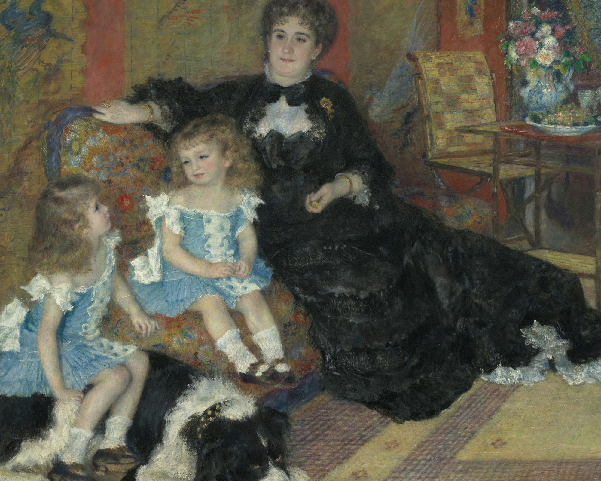 Auguste Renoir's Madame Charpentier and Her Children, 1878: a mother in black on a patterned sofa beside two children in pale blue, one seated on a large black-and-white dog.