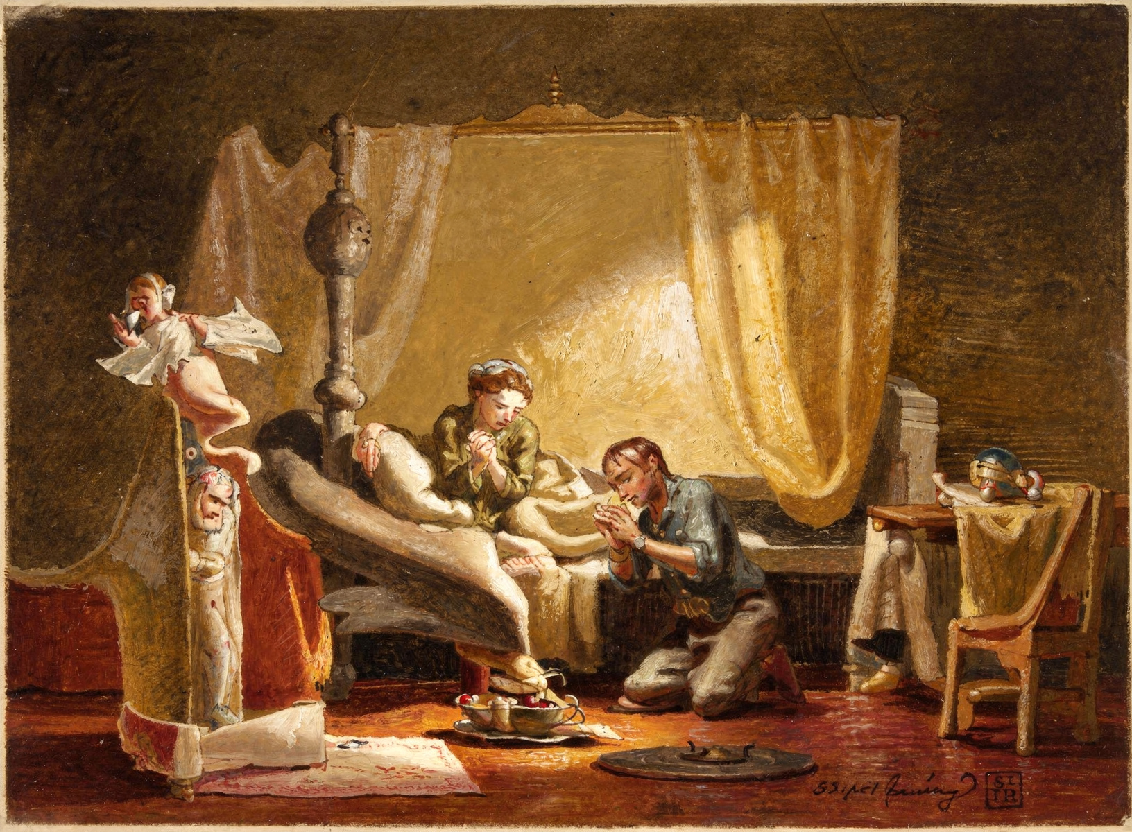 Tobias and Sarah kneel together in prayer by a bed, lit by a single warm light in a dark room.