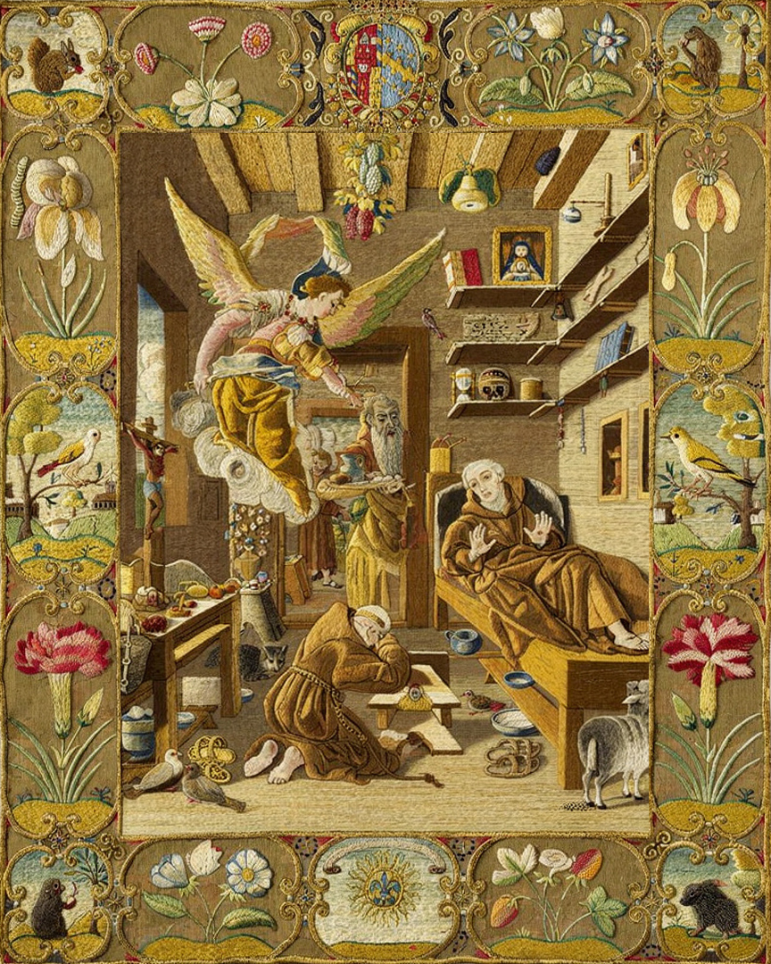 An angel plays a violin to Saint Francis, who lies ill and transported.