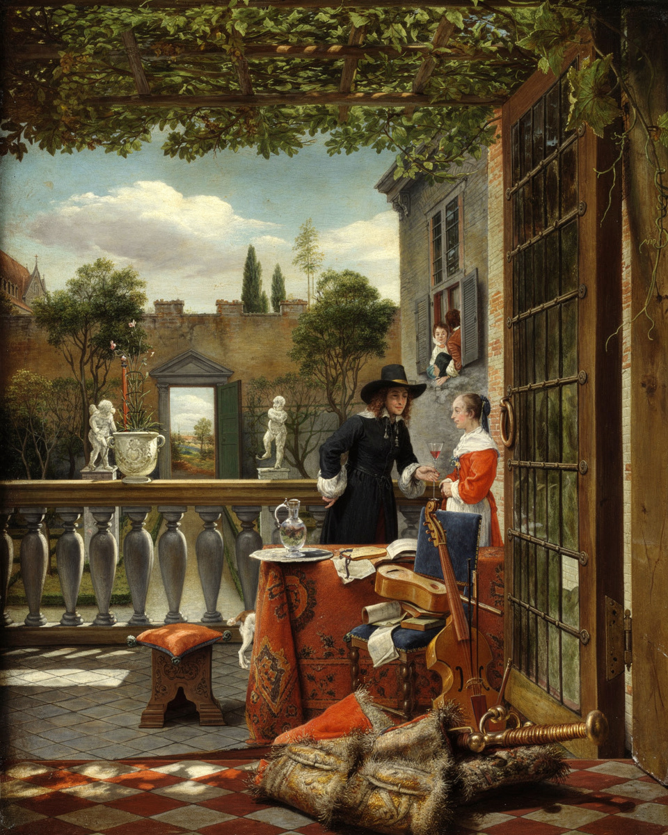 A sunlit Dutch courtyard terrace with a brick path, plants and a woman at work beside a house.