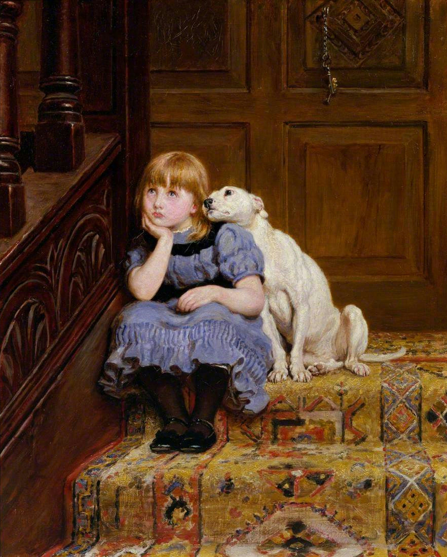 A small girl sits on a step with her head bowed while a terrier sits beside her, close against her.