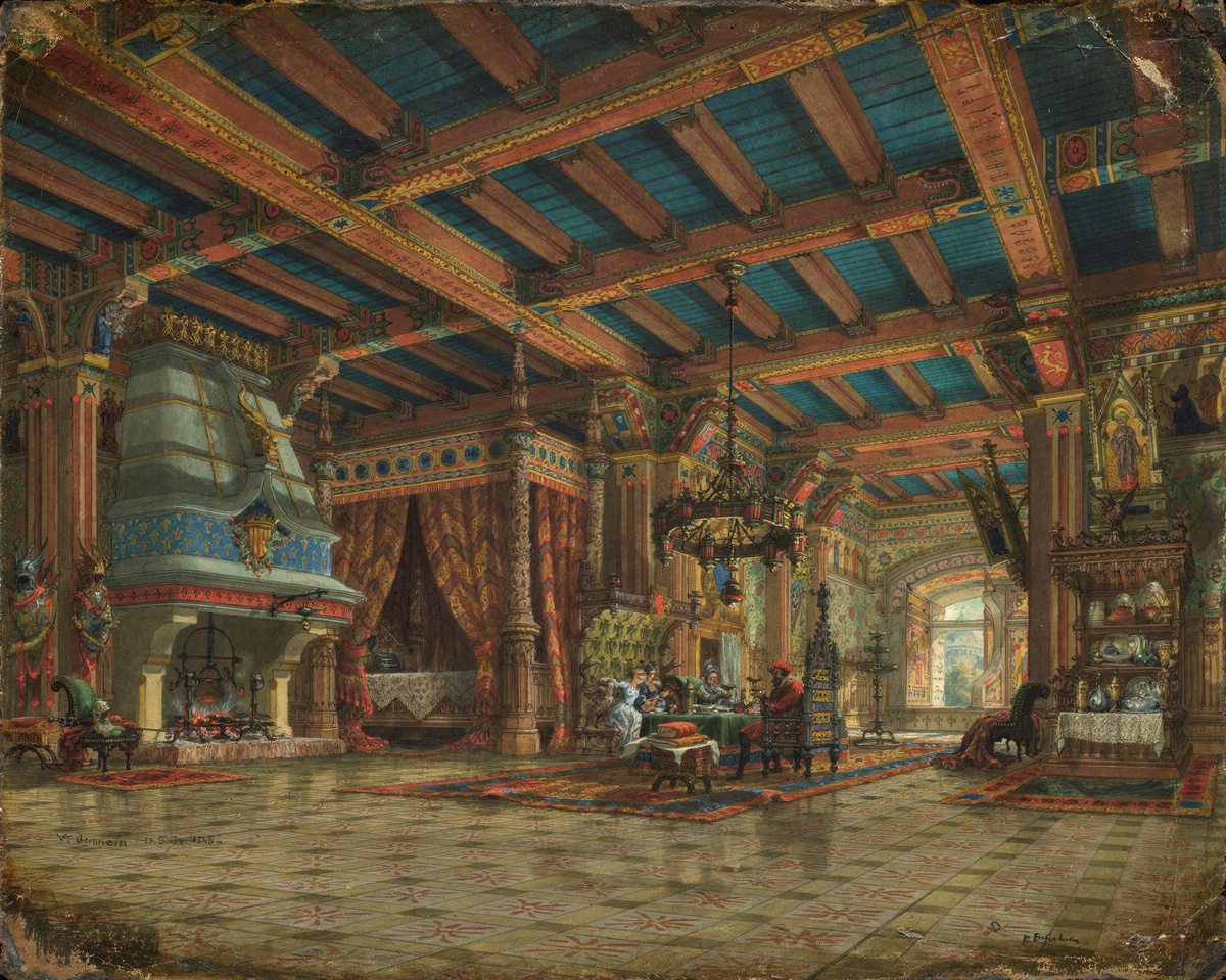 A lady in blue and a knight in armour stand in a château room lit by a tall arched window.