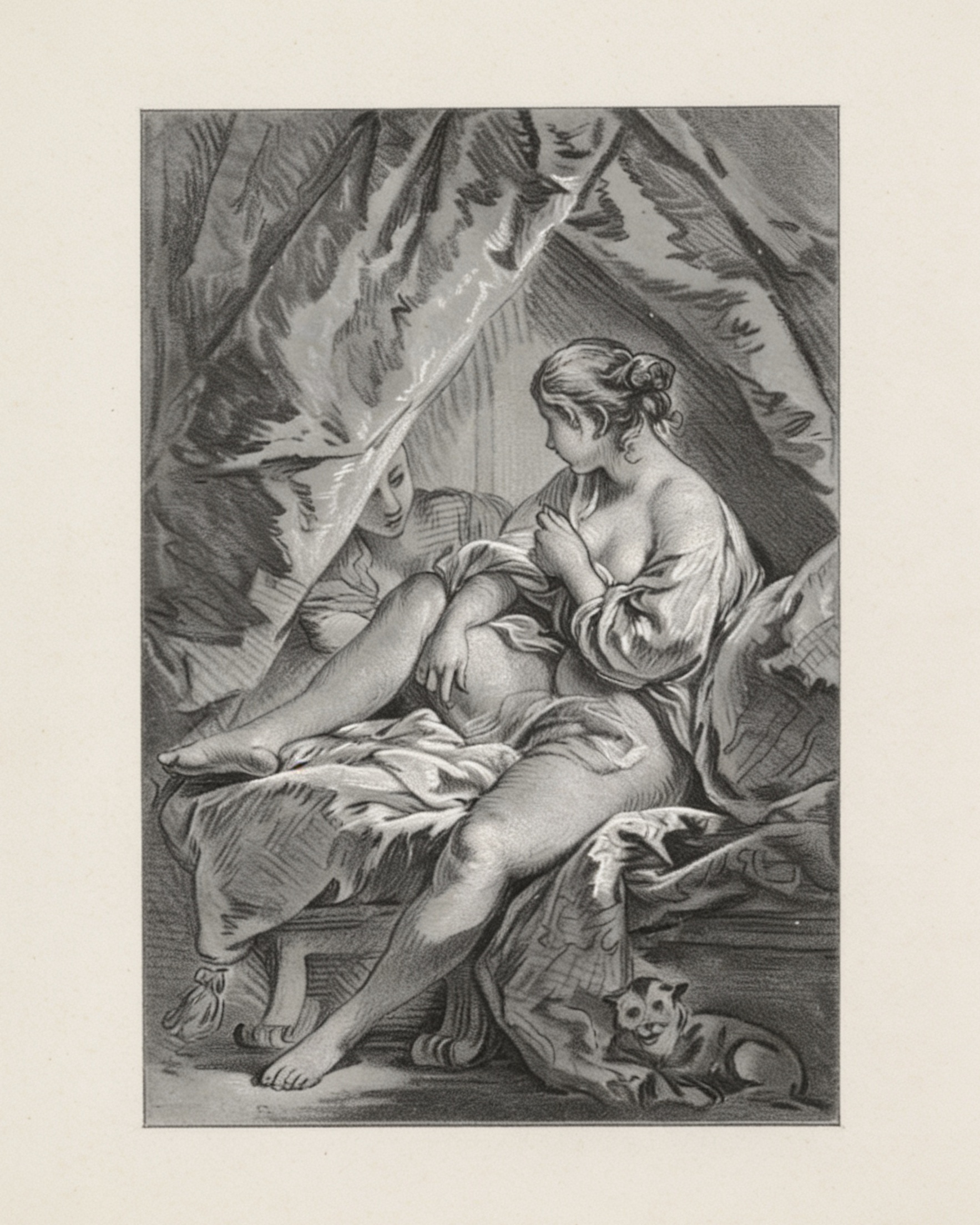 A young woman in a blue and white gown sits thoughtfully on a bed, printed in shades of blue.