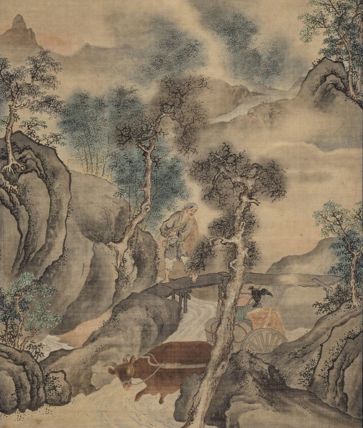 A farmer leads an ox along a winding path through a spare autumn landscape painted in ink and light colour on silk.