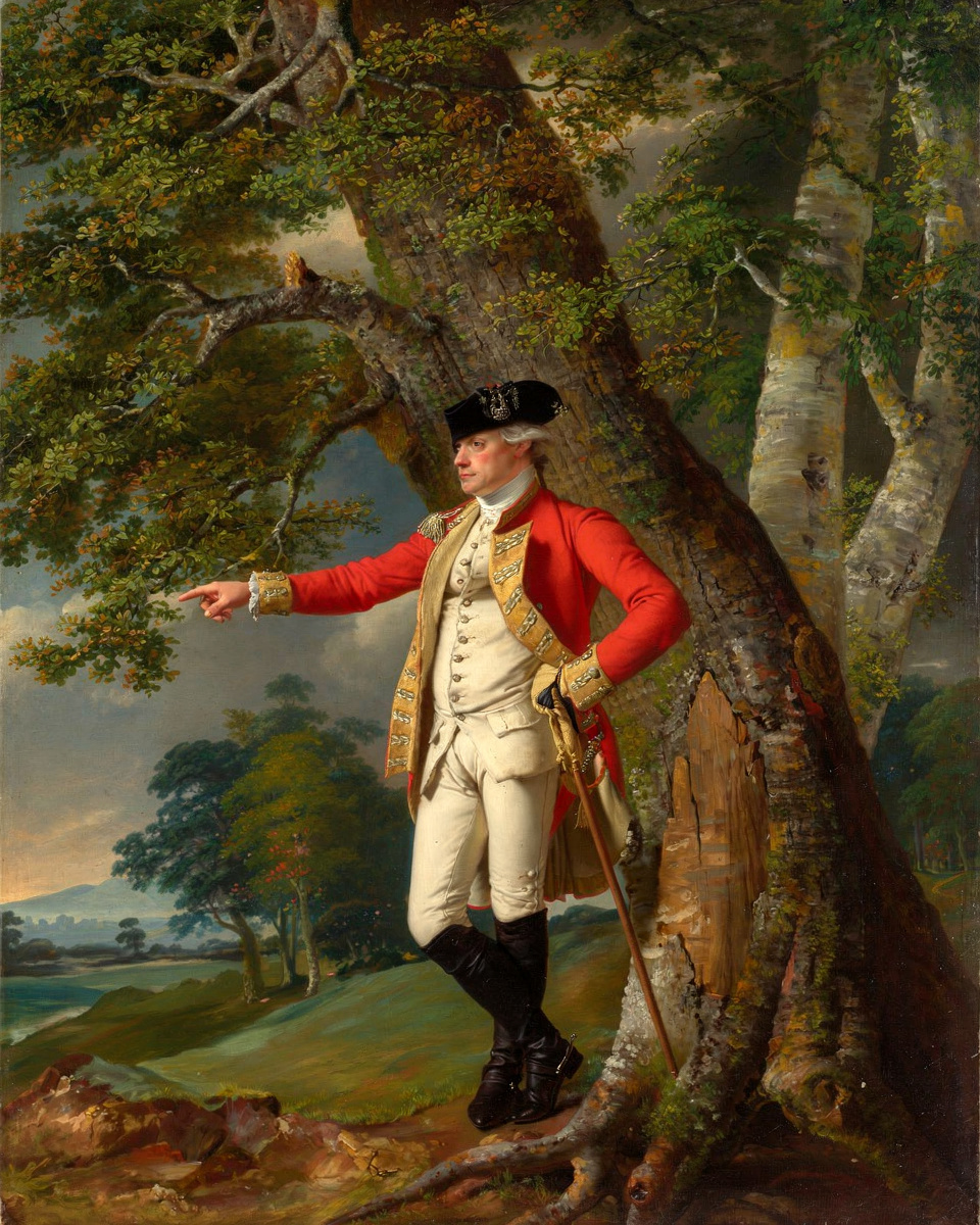Joseph Wright of Derby's Portrait of Colonel Charles Heathcote, 1772: an officer in a red coat and tricorn hat stands beside a large tree and points across a landscape.