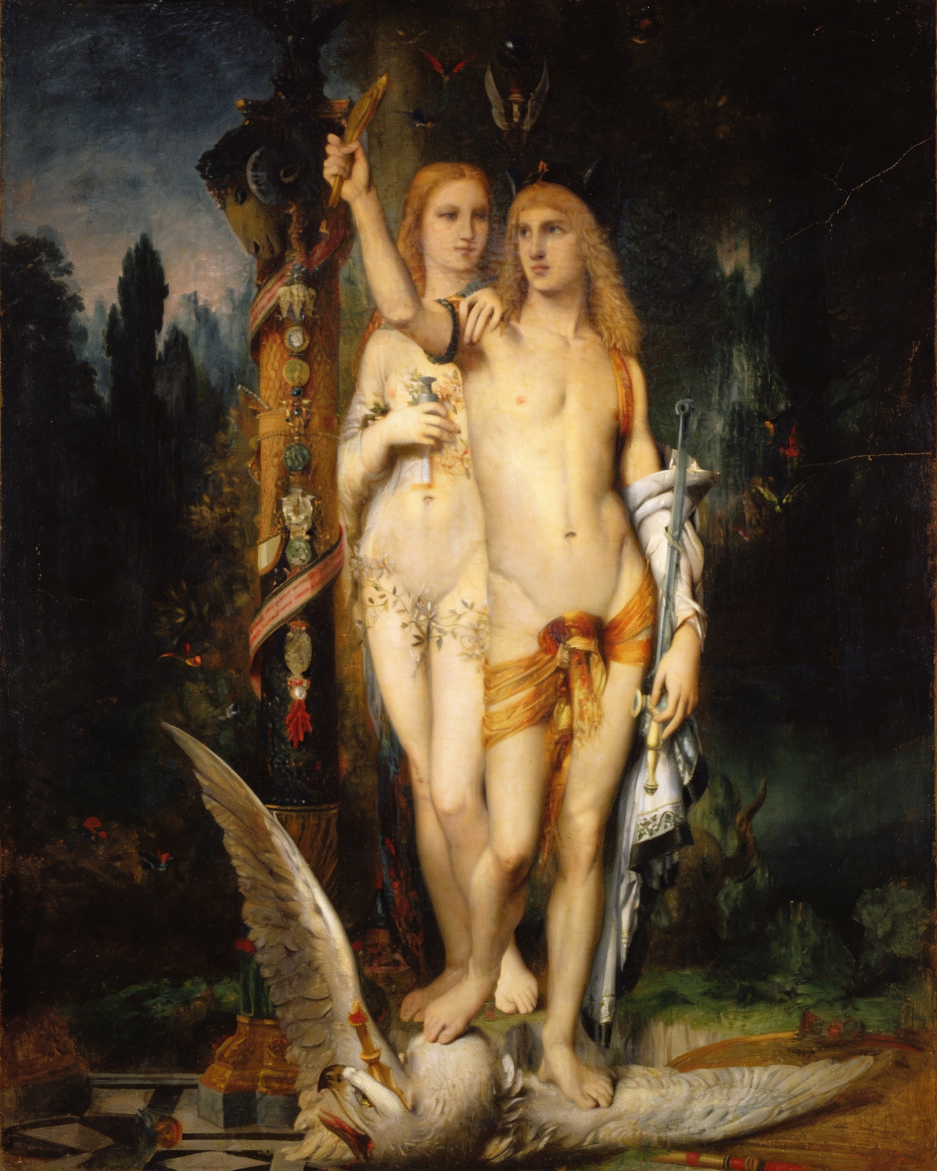 Moreau’s Jason, two pale standing figures with ornate details against a dark mythological setting, complete artwork.