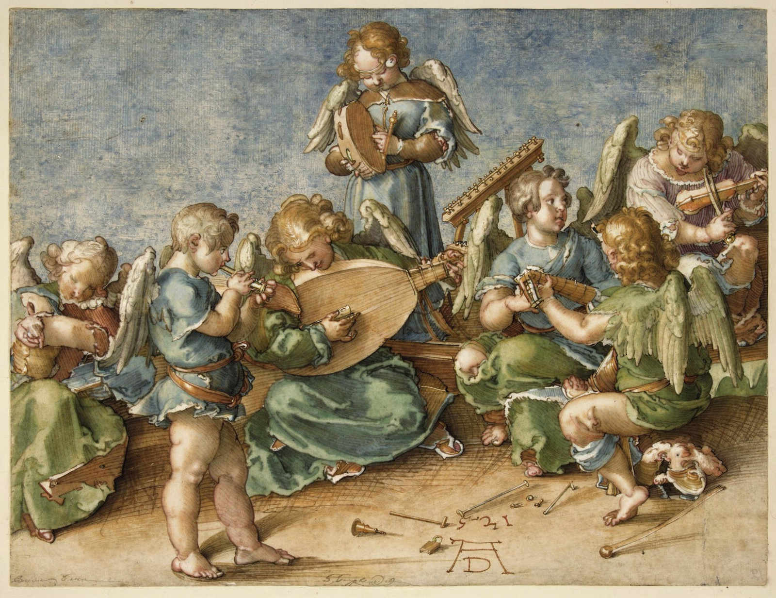 Coloured edition of a pen drawing: angels play lutes and other instruments together.