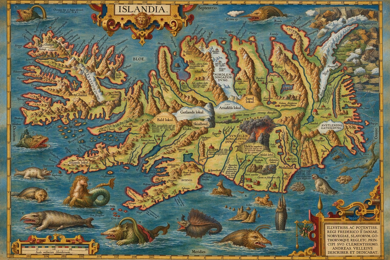 A map of Iceland surrounded by fantastic sea monsters and floating ice.