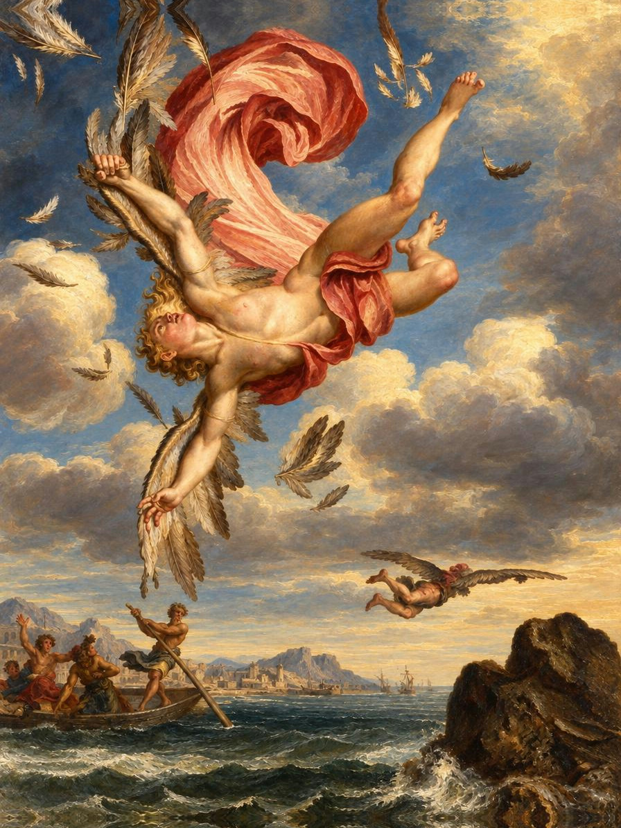 Atelier colour edition of the plate The Fall of Icarus from Le Temple des Muses: Icarus falls from the sky as his wax wings break apart.