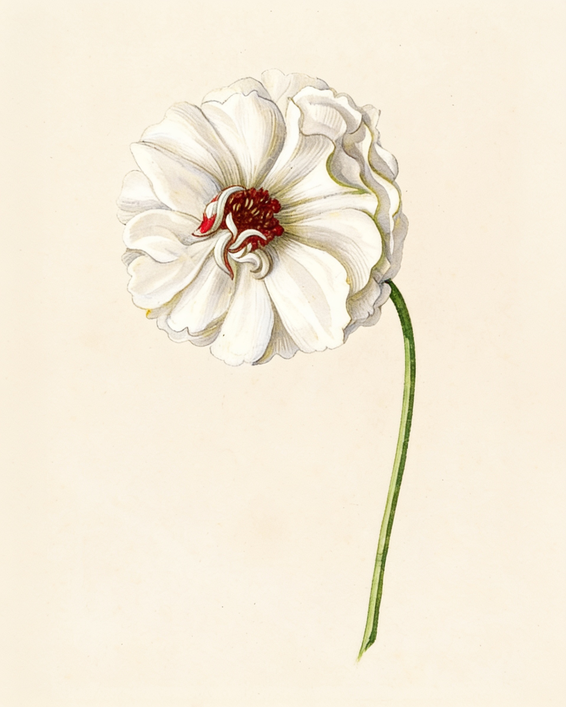 A single deep red Persian buttercup with tightly layered petals on a slender stem, on a pale ground.