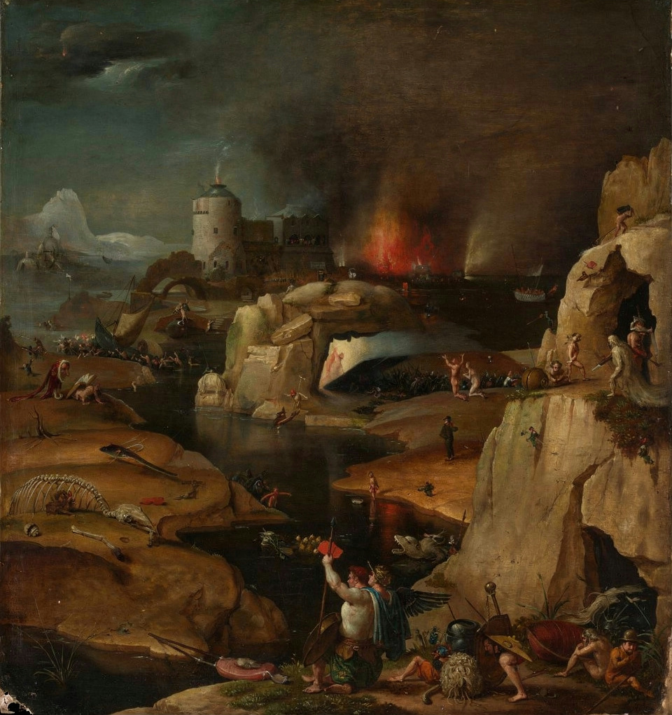 Christ in light stands at the broken gates of Hell as demons and souls swarm around him.