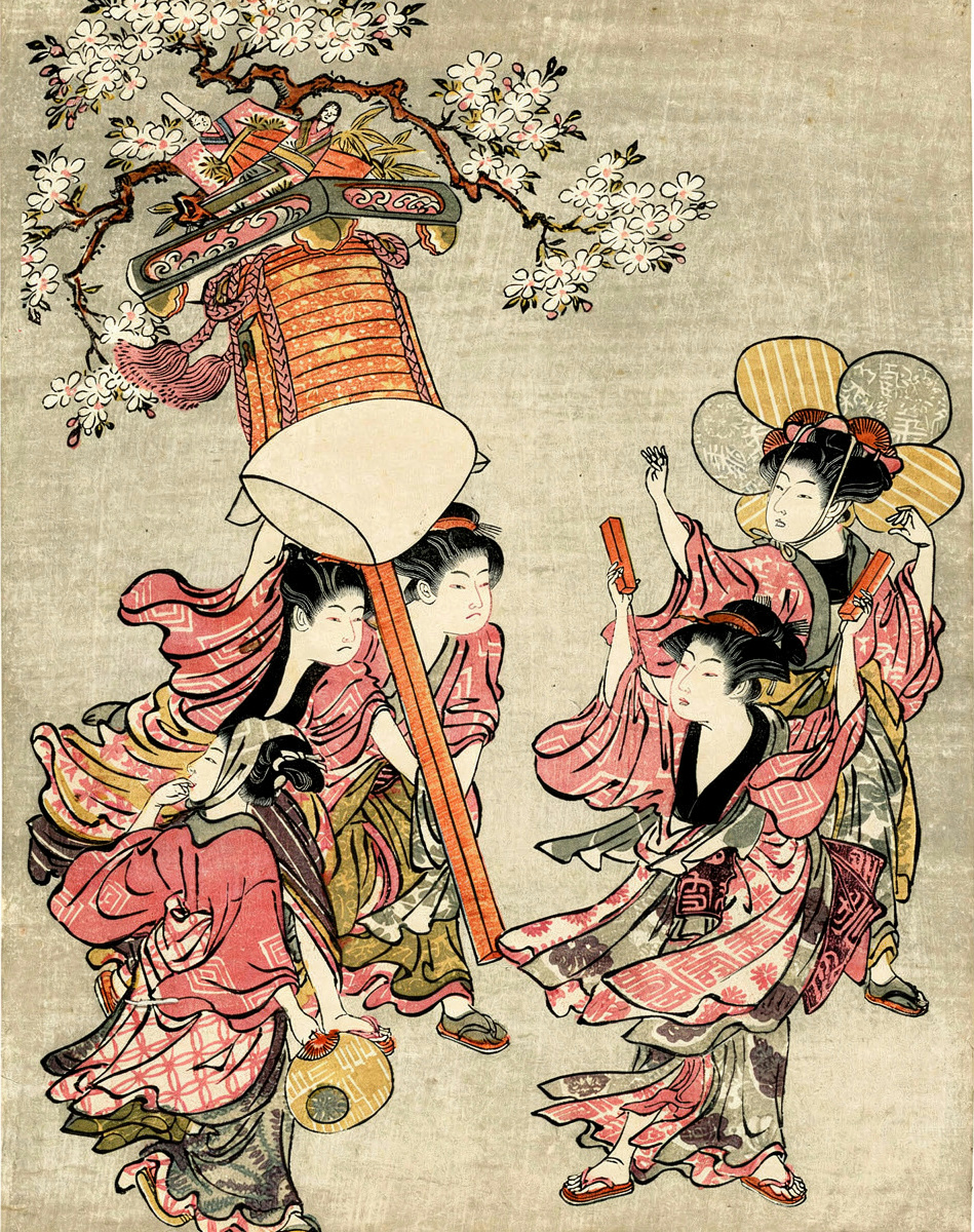 Two women carry a lantern decorated with the flowers of the four seasons.