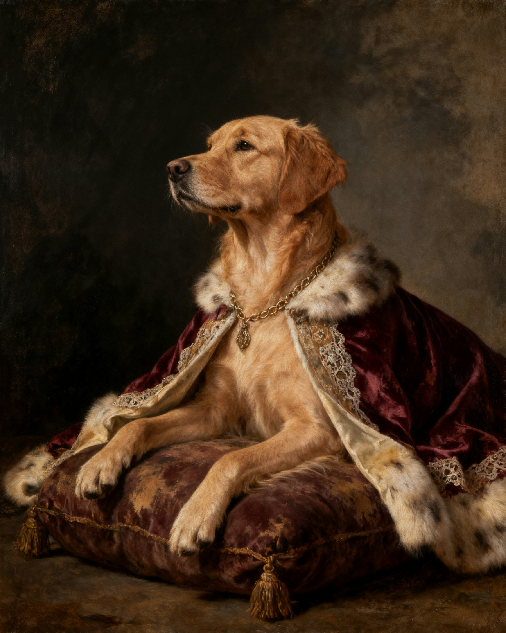 Current Baroque Red catalog example: a golden-coated dog seated on a cushion in a burgundy cape.