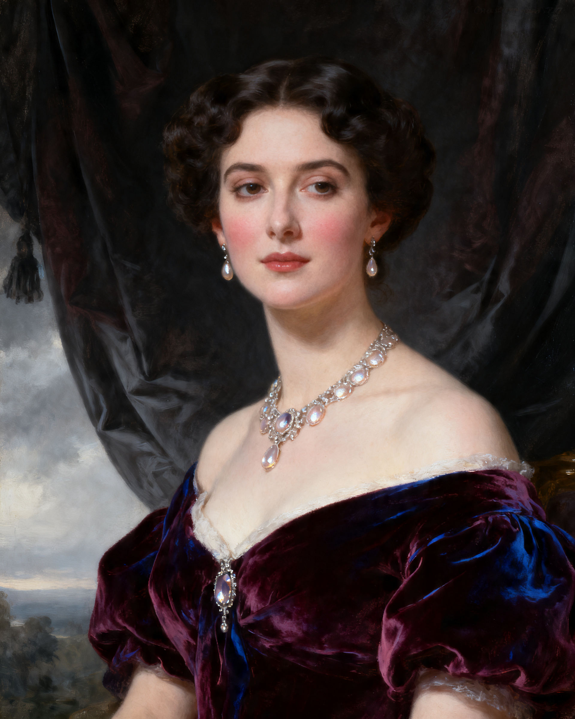 Current Grace catalogue example: a dark-haired woman in an off-the-shoulder aubergine velvet gown with a diamond-and-pearl necklace, before dark drapery.