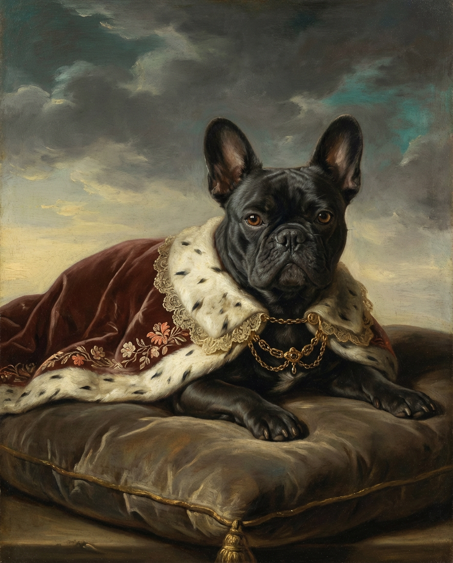 Fable Renaissance Sky style example: a dark French bulldog in an ermine-trimmed cape on a cushion beneath storm clouds.